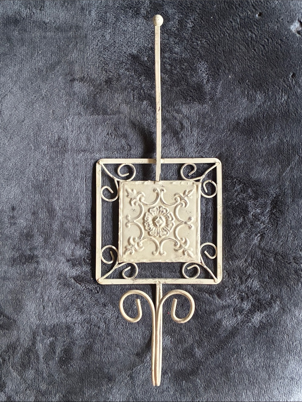 Ornate Cream Metal Wall Hook with Decorative Tile Accent